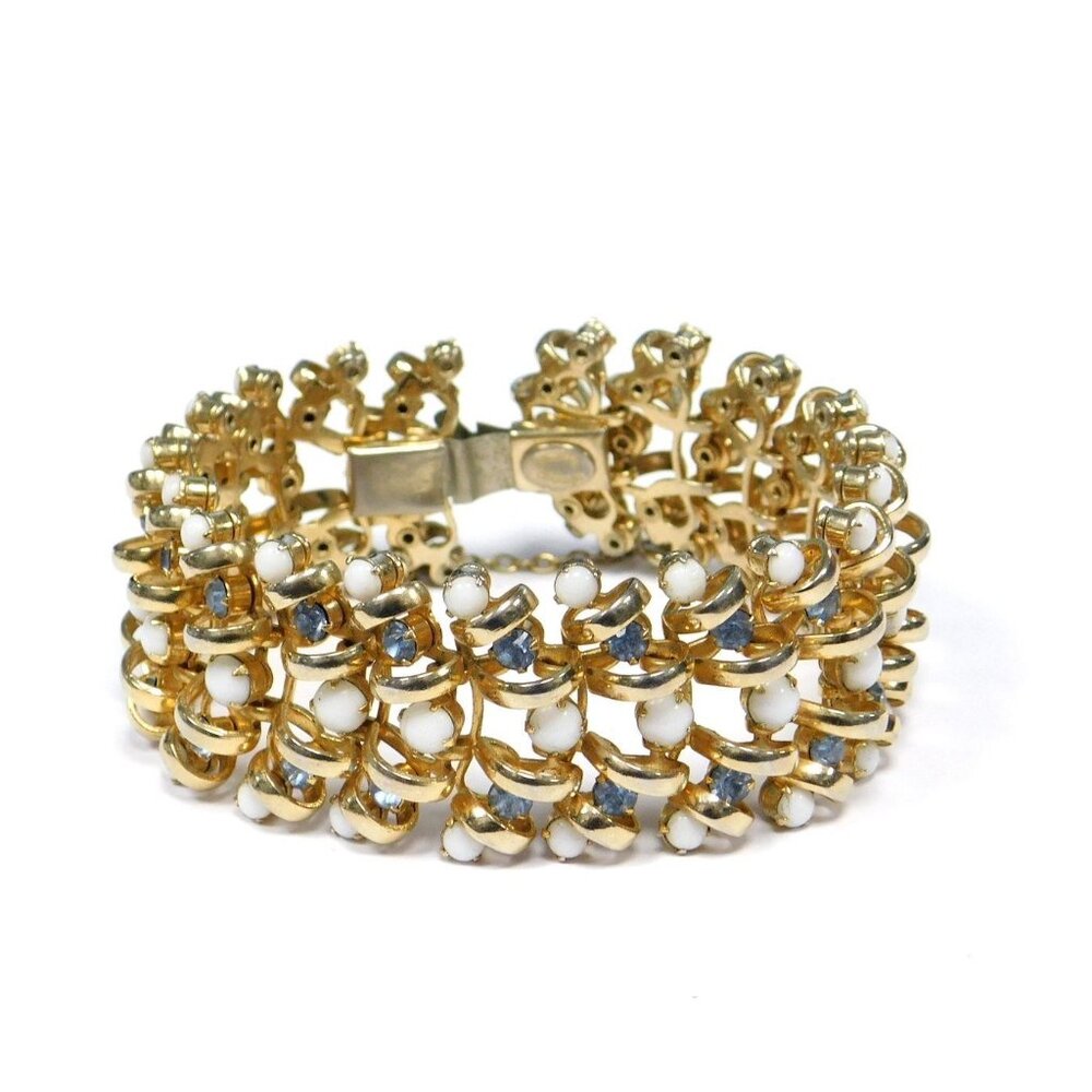 RARE Vtg 1950s HATTIE CARNEGIE Bracelet Signed Blue Rhinestones White Milk Glass
